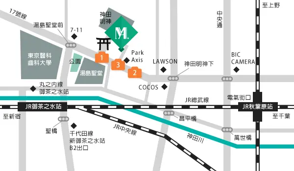 顯示從 JR 御茶之水站、JR 秋葉原站到馬諾克工業株式會社的路線的地圖