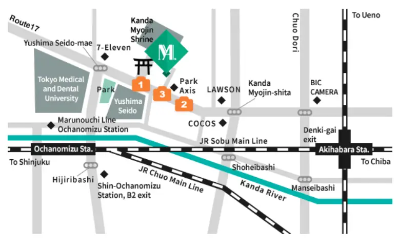 A map showing the route from JR Ochanomizu Station and JR Akihabara Station to Manoc Industry Co., Ltd.